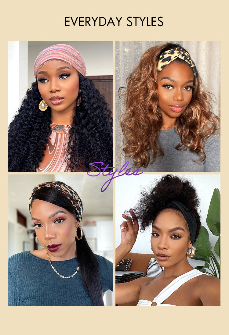 Natural Black Jerry Curly No Lace Glueless Free Part Long Headband Wig 100% Human Hair (Get Free Trendy Headbands)-03
