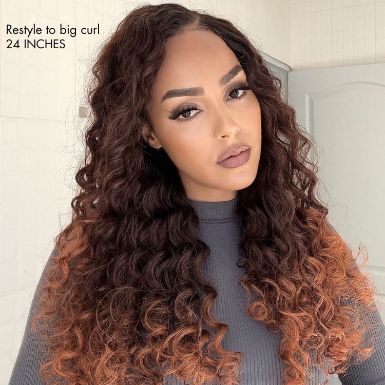 Halo Hair Style Hair PartingMax Glueless Wig Ombre Copper Brown Water Wave 7x6 Closure HD Lace Wig  - US Only
