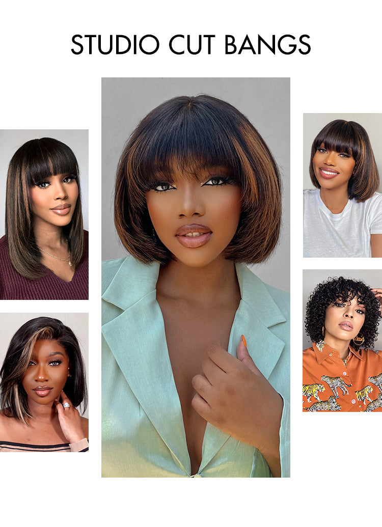 Brown Mix Black / Natural Black C Part Glueless Loose Wave 5x5 Closure Wig with Bangs- US ONLY-10