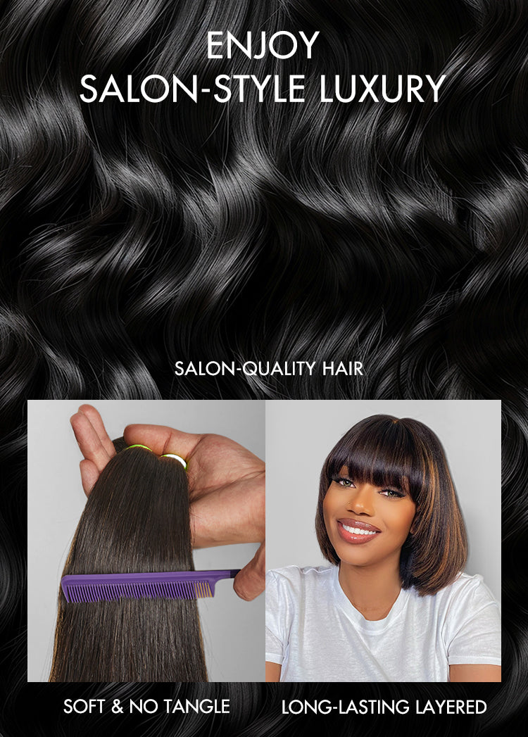 Brown Mix Black / Natural Black C Part Glueless Loose Wave 5x5 Closure Wig with Bangs- US ONLY-13