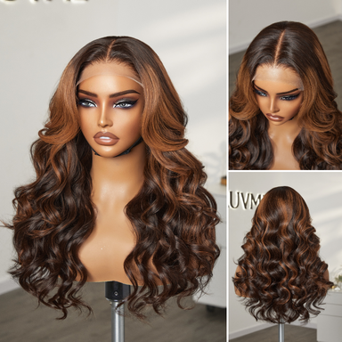 Halo Hair Style Hair 180% Density Elegant Copper Ombre Highlights Loose Body Wave Glueless 5x5 Closure Wig Breathable Cap