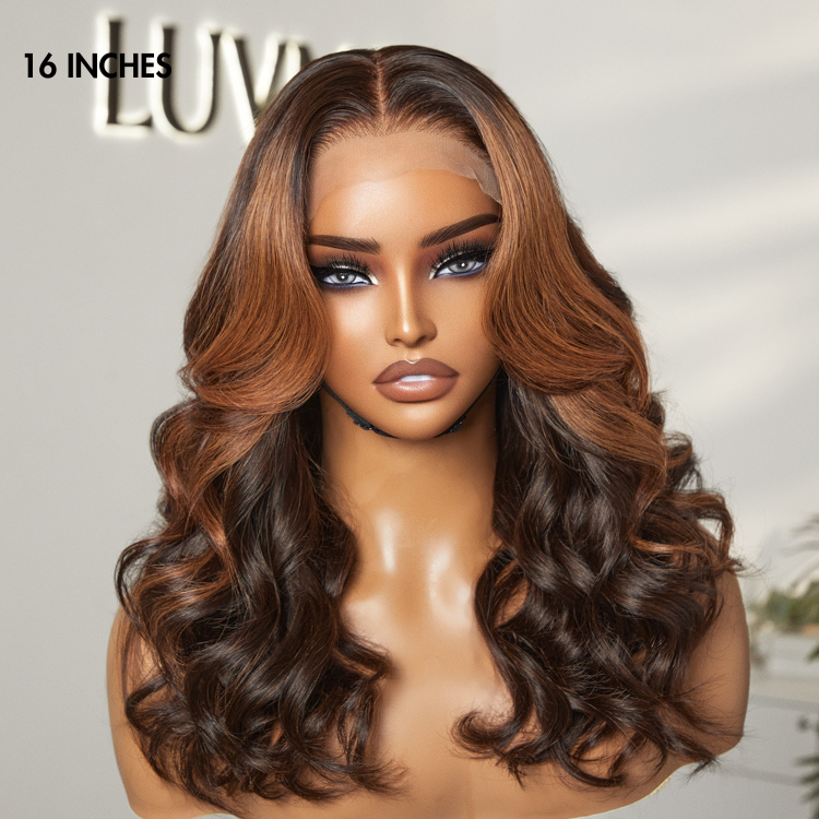 Halo Hair Style Hair 180% Density Elegant Copper Ombre Highlights Loose Body Wave Glueless 5x5 Closure Wig Breathable Cap