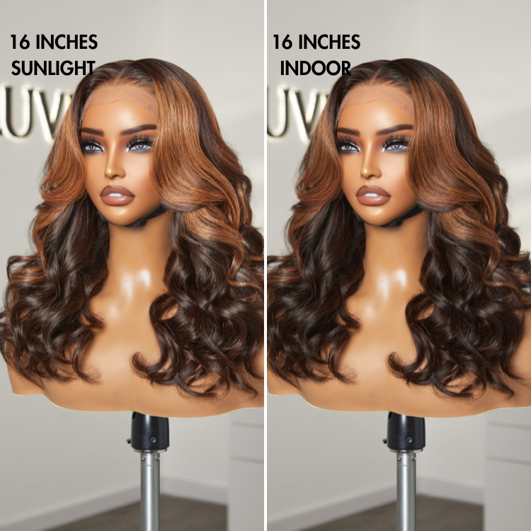 Halo Hair Style Hair 180% Density Elegant Copper Ombre Highlights Loose Body Wave Glueless 5x5 Closure Wig Breathable Cap