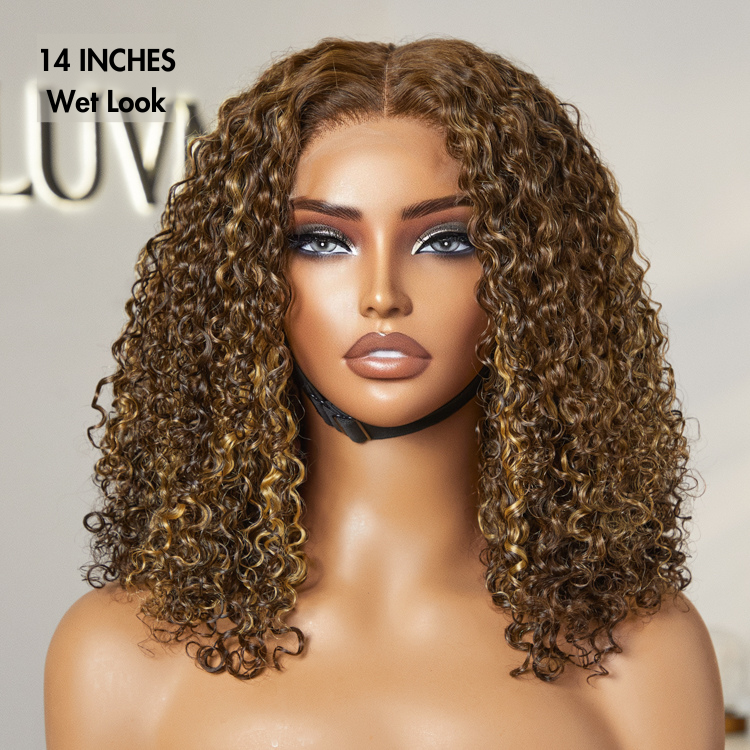 Halo Hair Style Hair 180% Density Honey Blonde Highlight Kinky Curly Glueless 5x5 Closure HD Lace Wig Breathable Cap