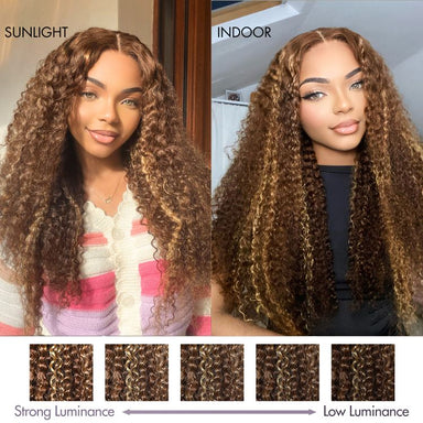 Halo Hair Style Hair 180% Density Honey Blonde Highlight Kinky Curly Glueless 5x5 Closure HD Lace Wig Breathable Cap