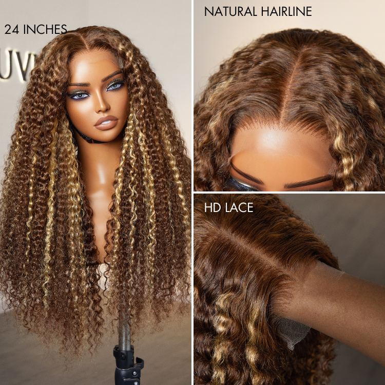 Halo Hair Style Hair 180% Density Honey Blonde Highlight Kinky Curly Glueless 5x5 Closure HD Lace Wig Breathable Cap