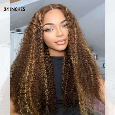 Halo Hair Style Hair 180% Density Honey Blonde Highlight Kinky Curly Glueless 5x5 Closure HD Lace Wig Breathable Cap