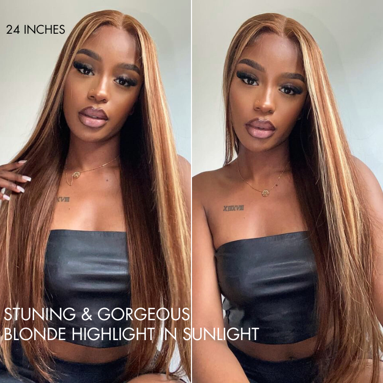 Halo Hair Style Hair 180% Density Honey Blonde Highlight Silky Straight Glueless 5x5 Closure HD Lace Long Wig