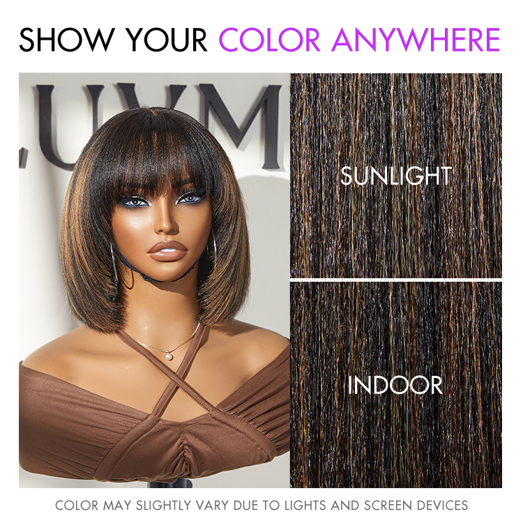 New Customers Only | Put On and Go Ash Blonde Highlight / Brown Highlight / Natural Black Layered Cut Yaki Straight Minimalist Lace Bob Wig