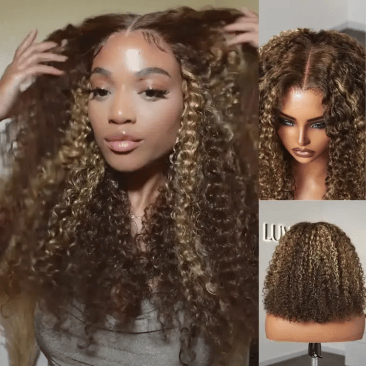 Halo Hair Style Hair 180% Density Honey Blonde Highlight Kinky Curly Glueless 5x5 Closure HD Lace Wig Breathable Cap