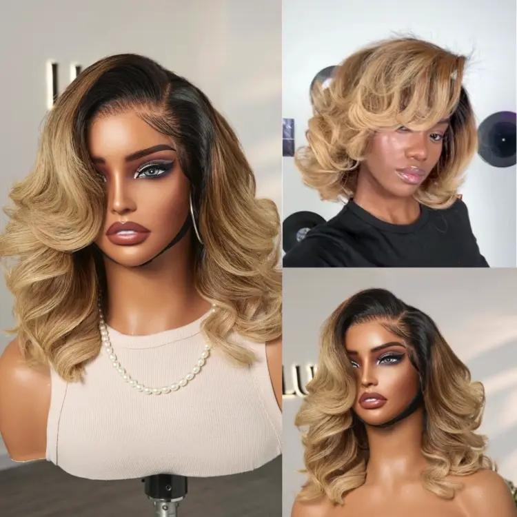 New Customers Only | PreMax Wigs - Honey Blonde Highlight / Natural Black / Ombre Blonde Bouncy Body Wave Glueless 13x4 Frontal Lace Human Hair Wig