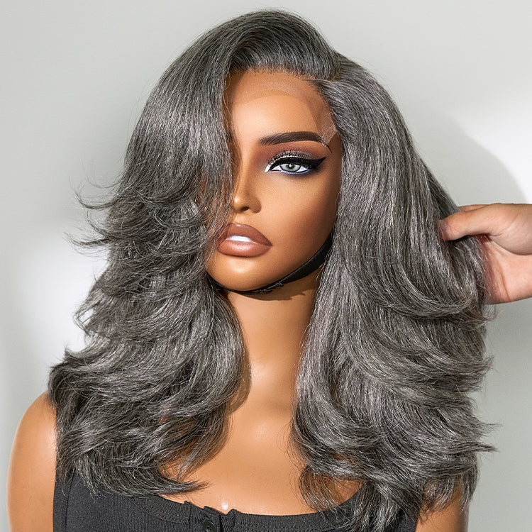 Layered Blowout Salt and Pepper Glueless Grey Wig Minimalist HD Lace Shoulder Length Wavy Wig