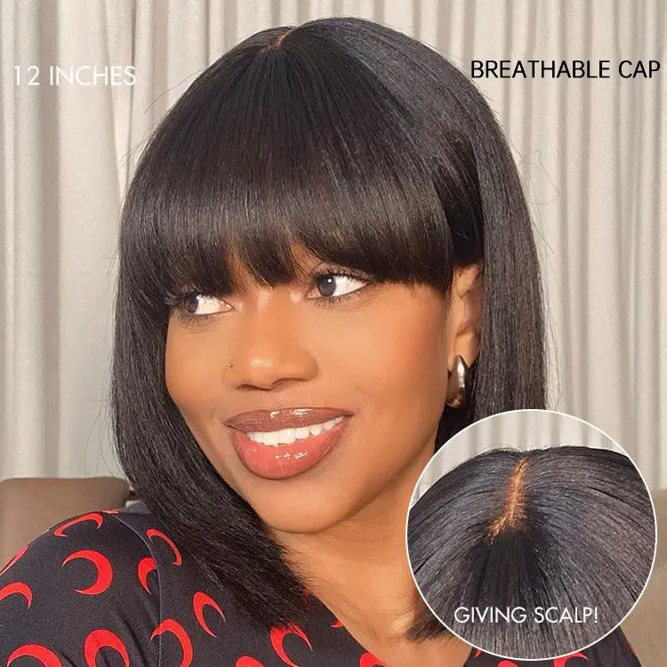 New Customers Only | Put On and Go Ash Blonde Highlight / Brown Highlight / Natural Black Layered Cut Yaki Straight Minimalist Lace Bob Wig