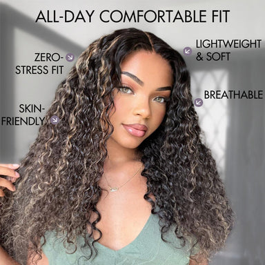 AiryFit Scalp Care Wigs - Blonde Highlight Water Wave Snugfit Glueless 5x5 Closure Lace Long Curly Wig Pre-Cut Lace - US Only