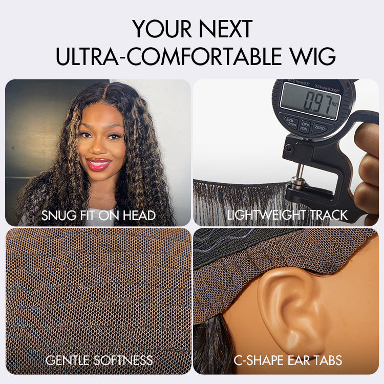 AiryFit Scalp Care Wigs - Blonde Highlight Water Wave Snugfit Glueless 5x5 Closure Lace Long Curly Wig Pre-Cut Lace - US Only