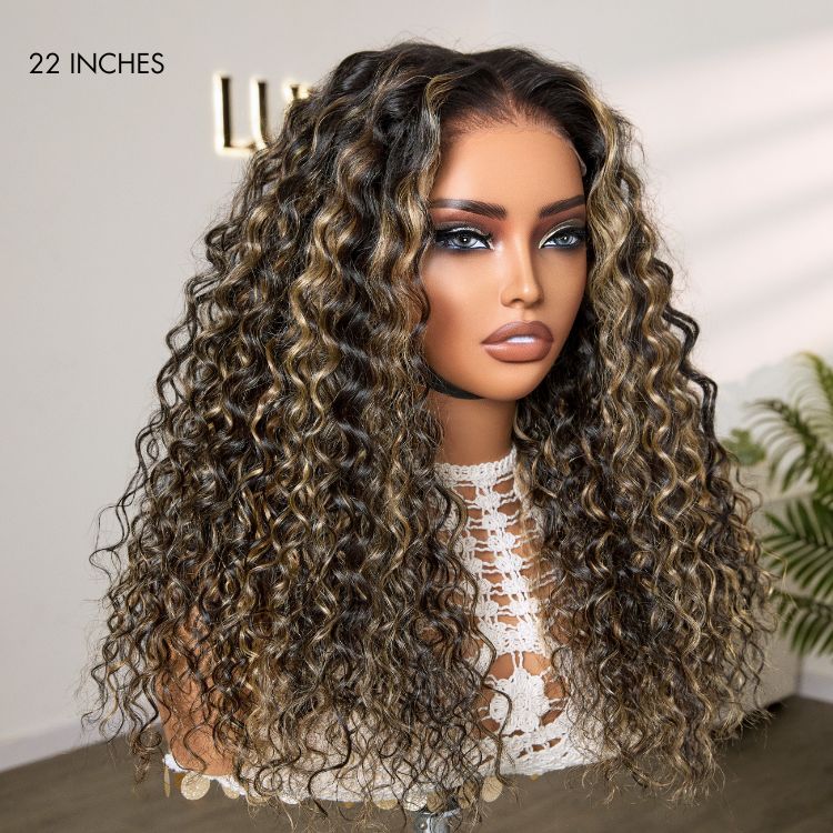 AiryFit Scalp Care Wigs - Blonde Highlight Water Wave Snugfit Glueless 5x5 Closure Lace Long Curly Wig Pre-Cut Lace - US Only