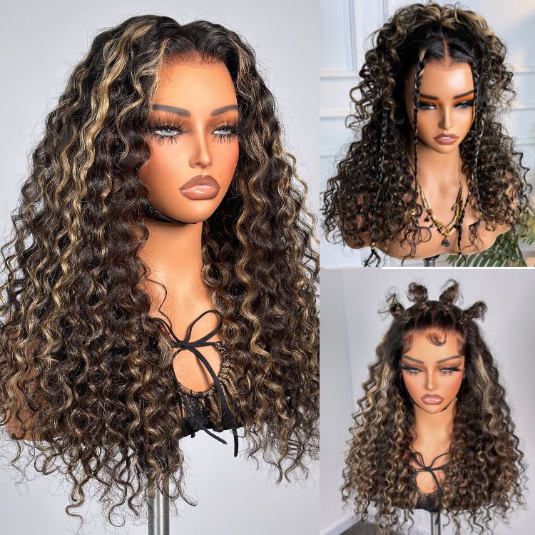 AiryFit Scalp Care Wigs - Blonde Highlight Water Wave Snugfit Glueless 5x5 Closure Lace Long Curly Wig Pre-Cut Lace - US Only