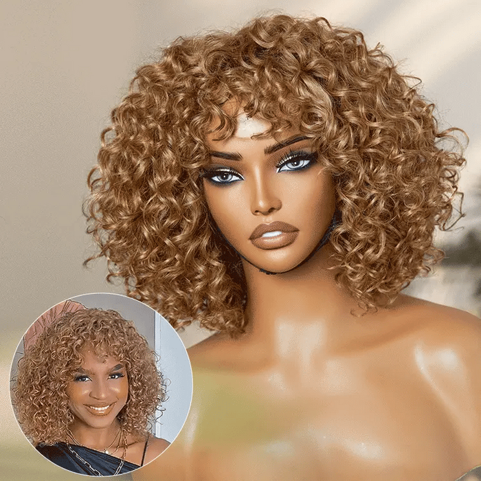 New Customers Only | Lightweight Sun-kissed Vibe Blonde Short Cut Water Wave Glueless Minimalist Lace Curly Wig with Bangs