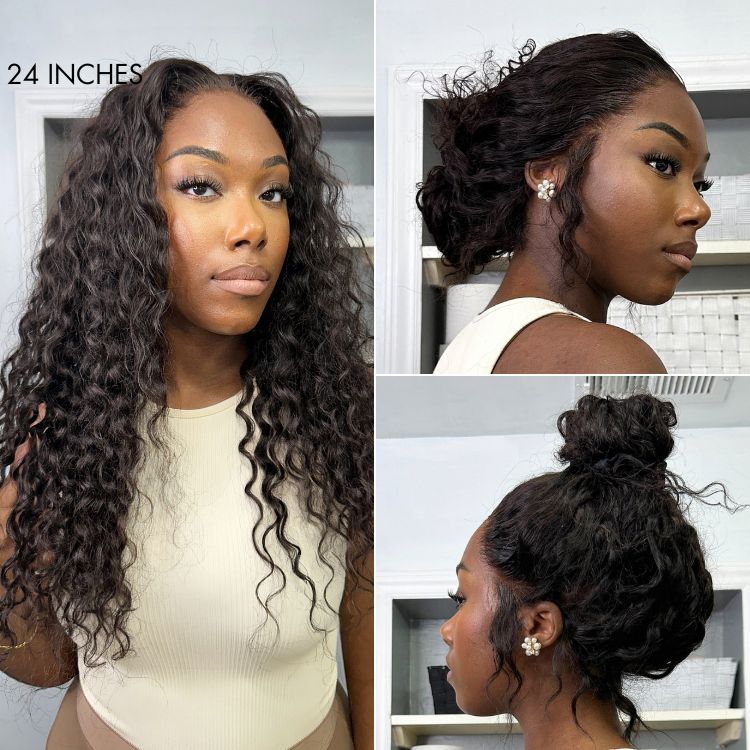 Halo Hair Style Flexiwig PreMax Wigs | Water Wave Flexi-Fit Invisi Drawstring Cap 360 Lace Long Curly Wig Pre-Cut Lace