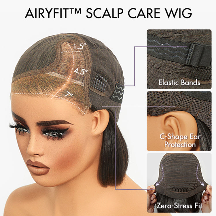 AiryFit Scalp Care Wigs | Silky Blunt Cut Bob Snugfit Glueless Minimalist HD Lace Short Wig Pre-Cut Lace  - US Only