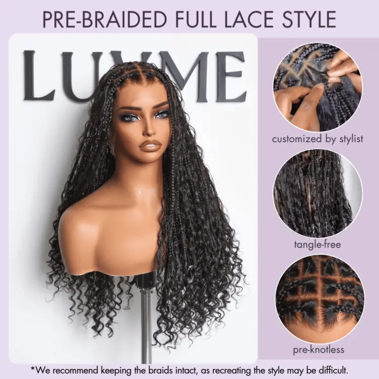 New Customers Only | Light Weight Flexi-Fit Invisi Drawstring Cap Full Lace Knotless Boho Curls Braided Long Wig Super Natural Scalp