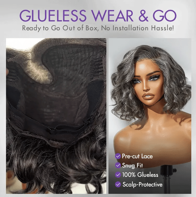 Elegant Salt & Pepper Grey Wig Loose Body Wave Glueless Minimalist Lace Short Wig Pre-Cut Lace-17