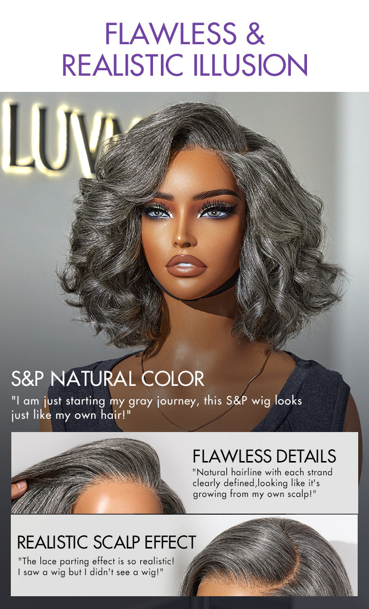Elegant Salt & Pepper Grey Wig Loose Body Wave Glueless Minimalist Lace Short Wig Pre-Cut Lace-19