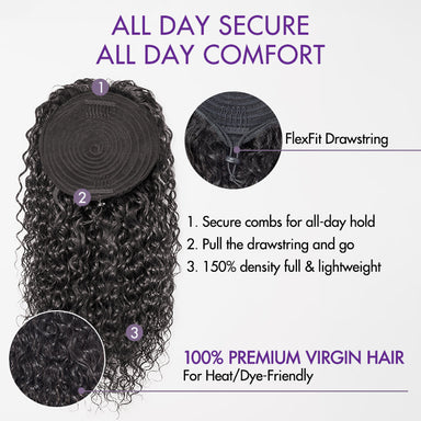 Water Wave Flexi-Fit Drawstring Ponytail Extension Human Hair Natural Black Curly Ponytail