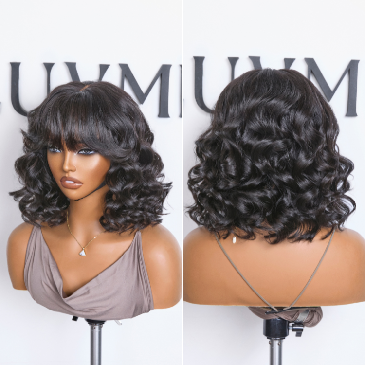 Mature Lady Short Loose Wave Minimalist Lace Wavy Bob Wig with Bangs - US Only