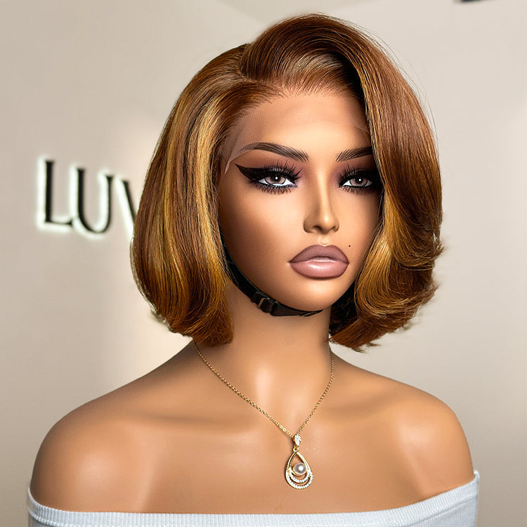 Weekly Special | Limited Design | Toffee Brown Mix Blonde / Natural Black Layered Cut Glueless 5x5 Closure Lace Bob Wig