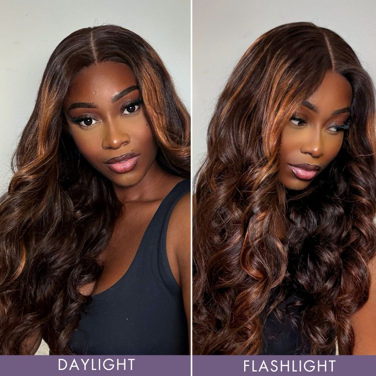 Halo Hair Style Hair 180% Density Elegant Copper Ombre Highlights Loose Body Wave Glueless 5x5 Closure Wig Breathable Cap