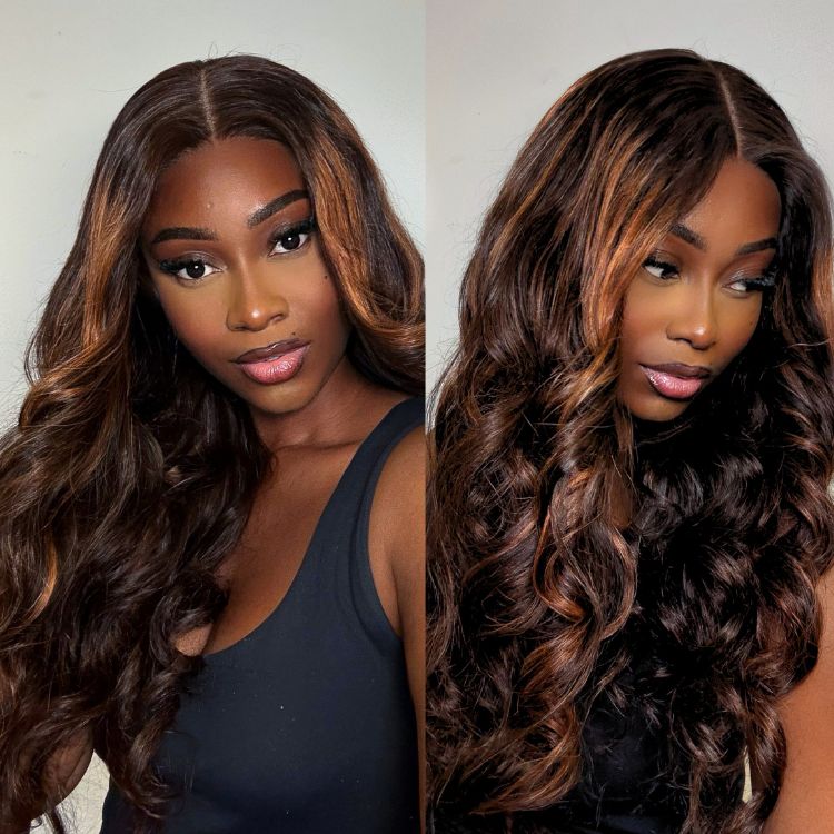 Halo Hair Style Hair 180% Density Elegant Copper Ombre Highlights Loose Body Wave Glueless 5x5 Closure Wig Breathable Cap