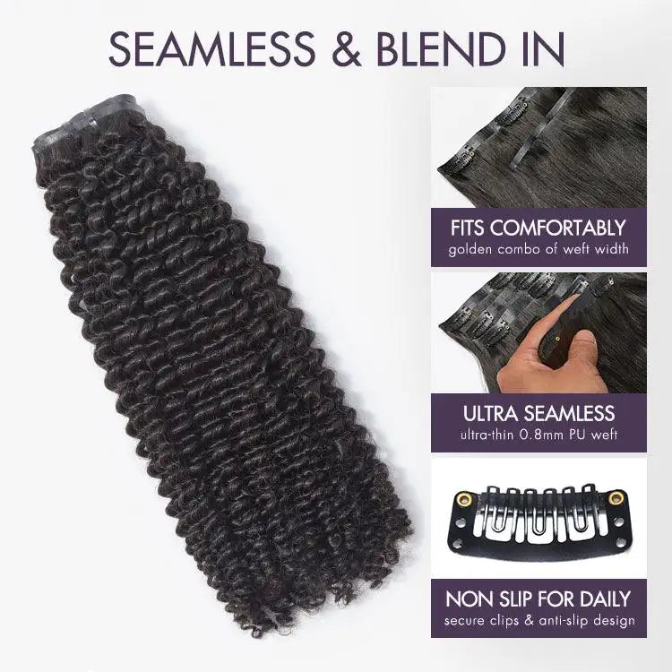 New Customers Only | Kinky Curly Seamless Clip in Extensions Human Hair with Free Gift