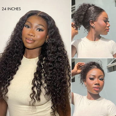 Halo Hair Style Flexiwig PreMax Wigs | Water Wave Flexi-Fit Invisi Drawstring Cap 360 Lace Long Curly Wig Pre-Cut Lace