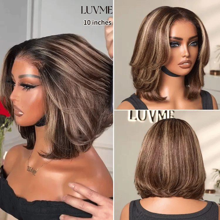 Tiktok Exclusive Deal | Blonde Highlight / Brown Highlight Short Layered Bob Wig Glueless 5x5 Closure Pre-Cut Lace Wig