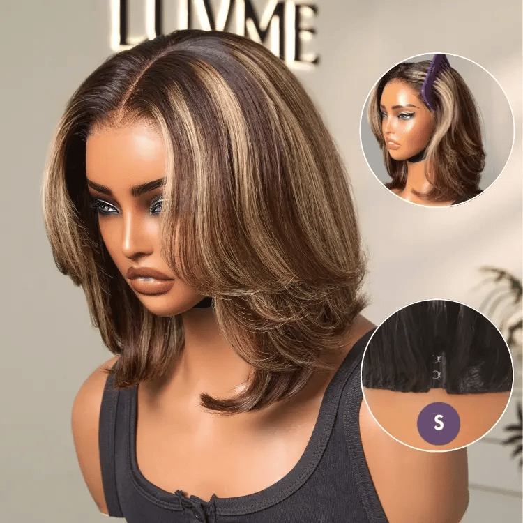 Tiktok Exclusive Deal | Blonde Highlight / Brown Highlight Short Layered Bob Wig Glueless 5x5 Closure Pre-Cut Lace Wig