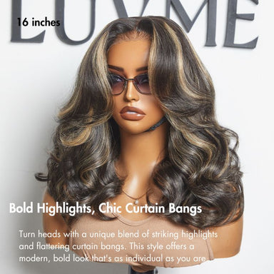 Curtain Bangs Blonde Highlight Loose Wave Glueless 5x5 Closure Pre-Cut Lace Wig All Head Sizes Fit Cap  - US Only