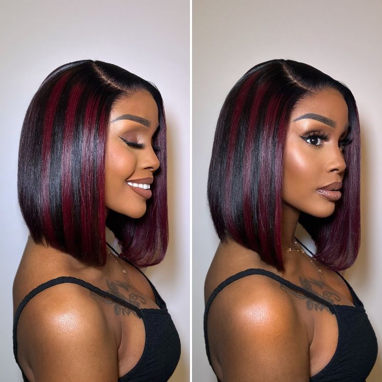 Dark Red Highlights Silky Blunt Cut C Part Glueless Minimalist HD Lace Bob Wig Beginner Friendly - US Only