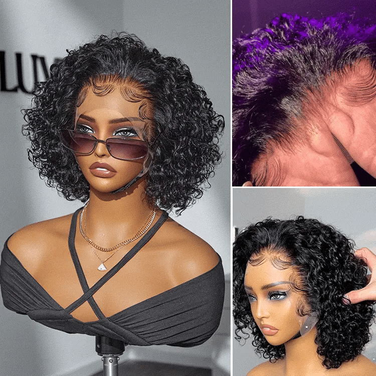 Melted Hair 150% Natural Black Wavy / Curly Bob Wig Minimalist Lace Wig