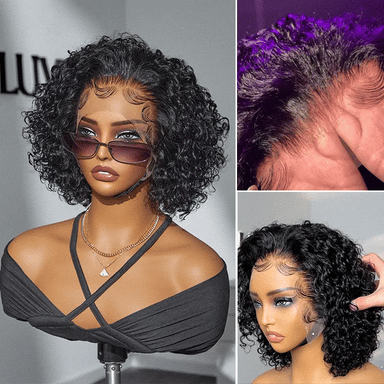 Melted Hair 150% Natural Black Wavy / Curly Bob Wig Minimalist Lace Wig