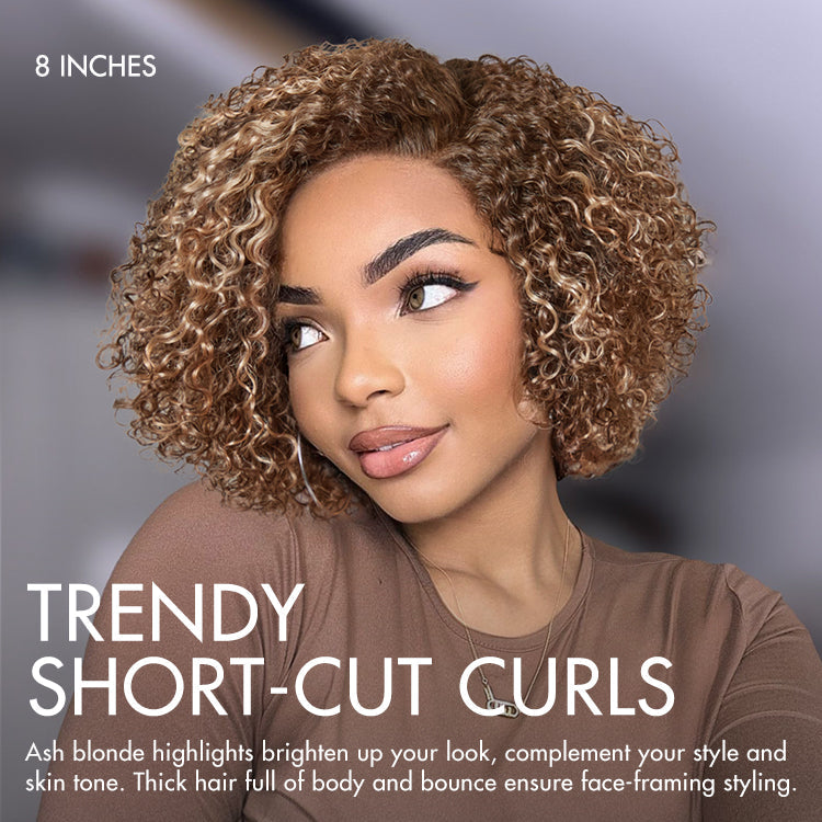 Beginner Friendly Ash Blonde Highlight Short Kinky Curly Wig Minimalist HD Lace Wig Pre-Cut Lace - US Only