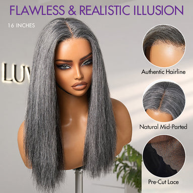 Halo Hair Style Hair 180% Density Salt and Pepper Straight Glueless Minimalist HD Lace T Part Grey Wig Pre-Cut Lace