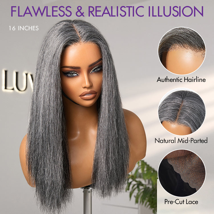 Halo Hair Style Hair 180% Density Salt and Pepper Straight Glueless Minimalist HD Lace T Part Grey Wig Pre-Cut Lace