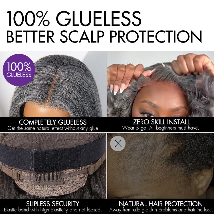 Halo Hair Style Hair 180% Density Salt and Pepper Straight Glueless Minimalist HD Lace T Part Grey Wig Pre-Cut Lace