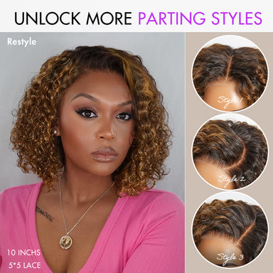 Warm Caramel Brown / Natural Black / Blonde Highlight Deep Curly Glueless 5x5 Closure Pre-Cut Lace Wig