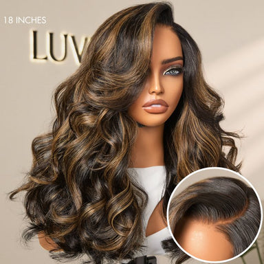 Halo Hair Style All-Day Comfort Wig 200% Density Brown Highlight Loose Body Wave Glueless Minimalist HD Lace Wig Pre-Cut Lace