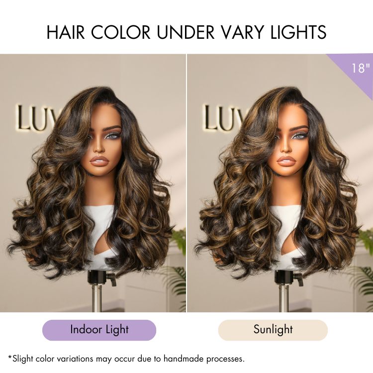 Halo Hair Style All-Day Comfort Wig 200% Density Brown Highlight Loose Body Wave Glueless Minimalist HD Lace Wig Pre-Cut Lace