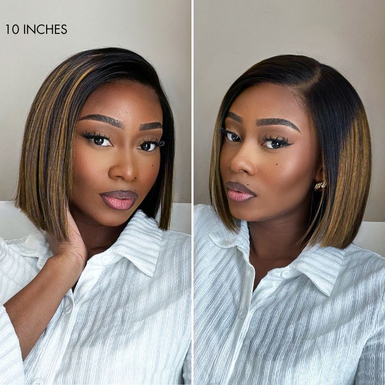 Halo Hair Style All-Day Comfort Wig Brown Highlight Blunt Cut Bob Glueless Minimalist HD Lace Wig Pre-Cut Lace