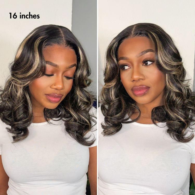 Curtain Bangs Blonde Highlight Loose Wave Glueless 5x5 Closure Pre-Cut Lace Wig All Head Sizes Fit Cap - US Only
