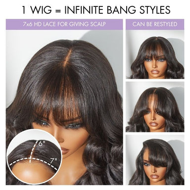 Weekly Special | Halo Hair Style All-Day Comfort Wig Loose Body Wave Glueless 7x6 Closure HD Lace Human Hair Wig with Bangs Pre-Cut Lace